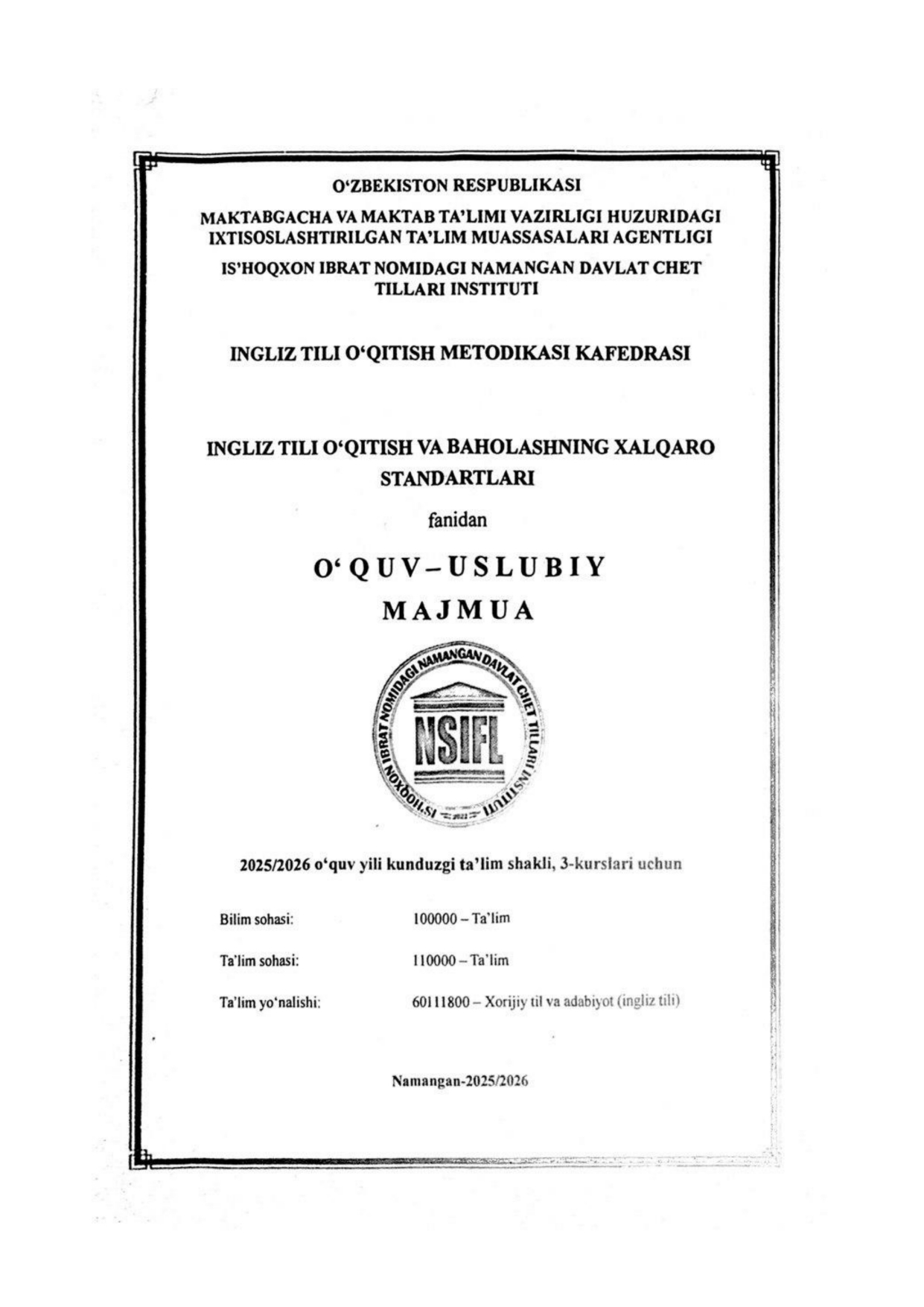 INGLIZ TILI O'QITISH VA BAHOLASHNING XALQARO STANDARTLARI