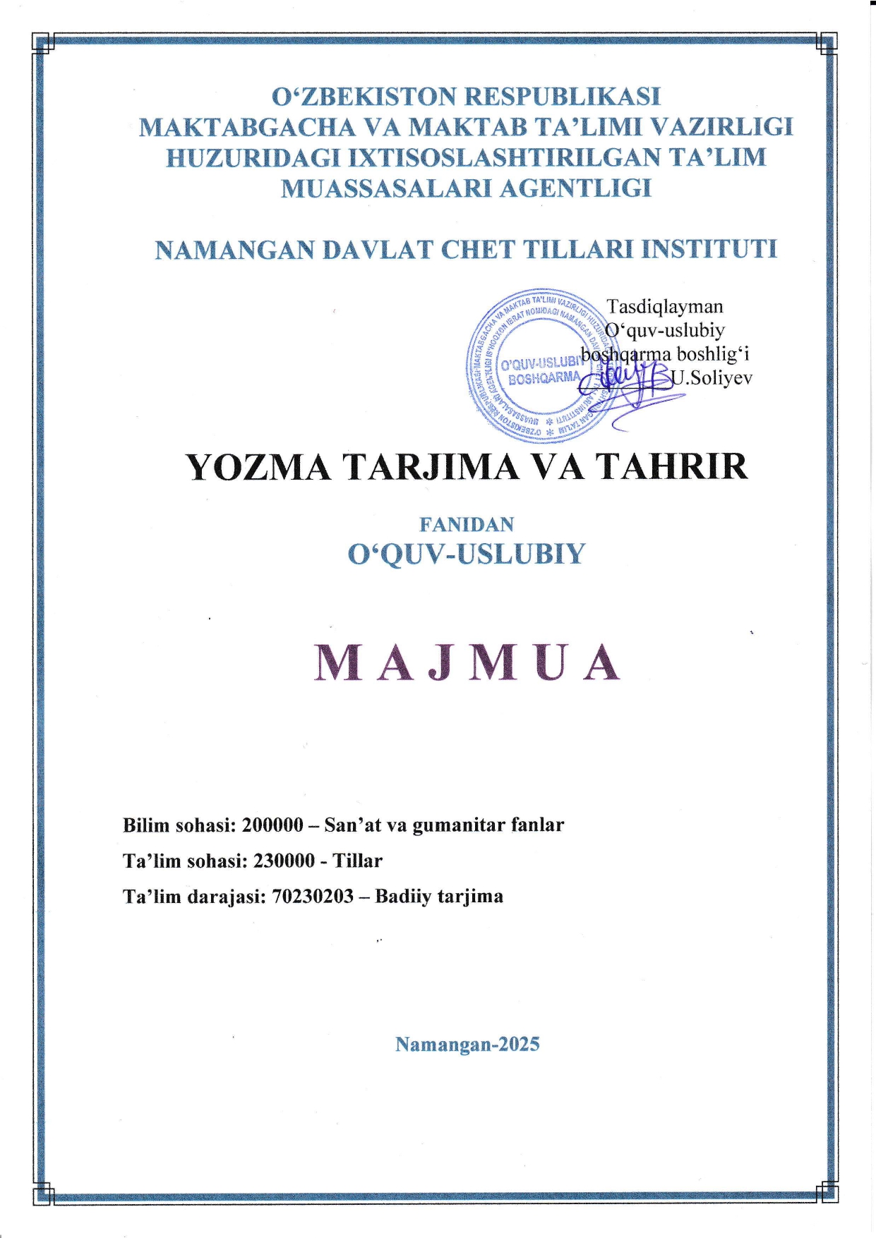 YOZMA TARJIMA VA TAHRIR