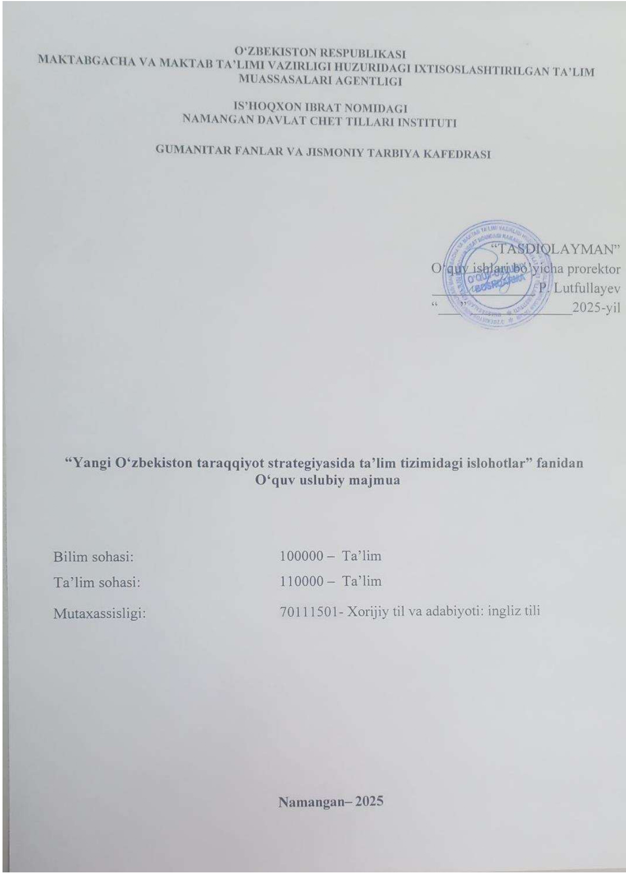 YANGI O'ZBEKISTON TARAQQIYOT STRATEGIYASIDA TA'LIM TIZIMIDAGI ISLOHATLAR