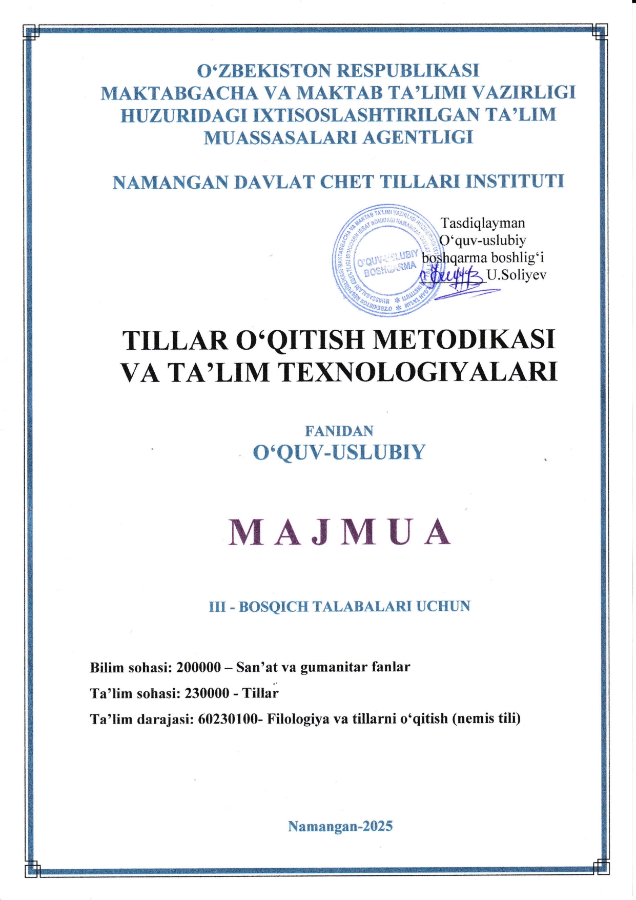 TILLAR O'QITISH METODIKASI VA TA'LIM TEXNOLOGIYALARI